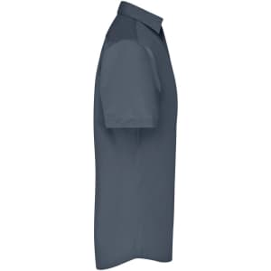 A short-sleeved, button-up men's business shirt in navy blue, featuring a collar and sleek design. Includes a logo.