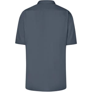 A short-sleeved men's business shirt in grey, featuring a collar and a plain back design. It has a brand logo.