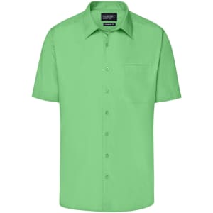 A short-sleeved button-up shirt in bright green with a pocket on the left side. Features a logo on the label.