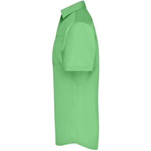 A short-sleeved men's business shirt in bright green, featuring a collar and a logo on the side.