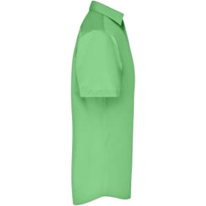 A green men's button-up business shirt with short sleeves, featuring a collar and a logo.