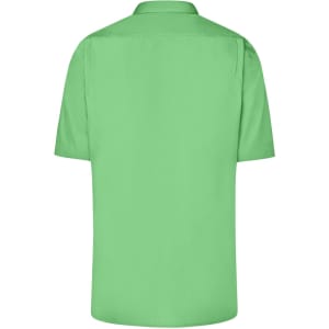 A short-sleeved men's button-up shirt in a vibrant green colour, featuring a collar and a plain back.