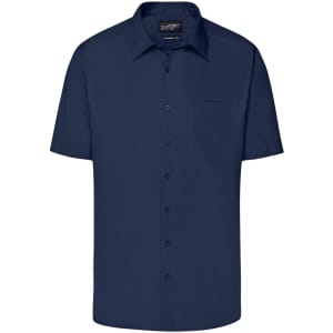 A navy short-sleeve button-up business shirt with a chest pocket and a logo.