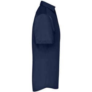 A navy blue short-sleeve button-up shirt featuring a collar and a brand logo.