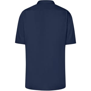 A navy blue short-sleeve button-up business shirt with a collar and a plain back. Features a logo.