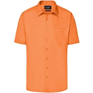 An orange short-sleeve button-up business shirt with a chest pocket and a logo.