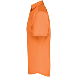 An orange short-sleeved business shirt with a button-up design, featuring a single pocket and a logo.