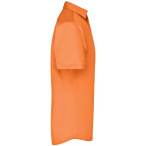 An orange short-sleeve business shirt with a button-up design. The shirt features a collar and a logo.