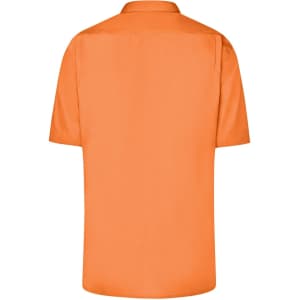 An orange short-sleeved business shirt with a collar, featuring a logo on the back.