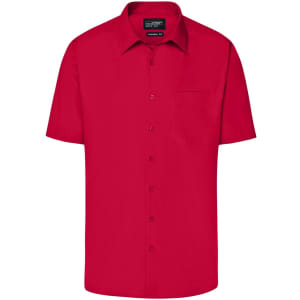A short-sleeve red button-up business shirt with a pocket and a logo.