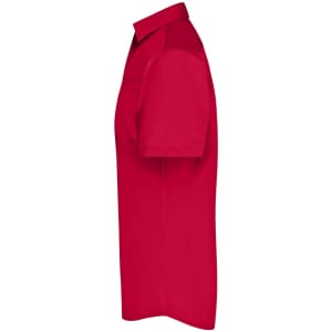 A red short-sleeved button-up shirt featuring a collar and a logo.
