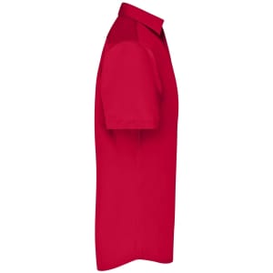 A red short-sleeve button-up business shirt with a collar, featuring a logo.