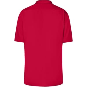 A red short-sleeved business shirt with a collar, featuring a logo on the back.