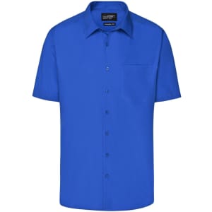 A short-sleeved blue business shirt with a button-up front and a pocket on the left side. It has a logo on the label.