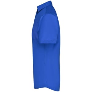 A blue short-sleeved men's business shirt displayed from the side, featuring a pocket and a collar.