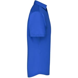 A blue men's short-sleeve business shirt in a side view, featuring a collar and a simple design.