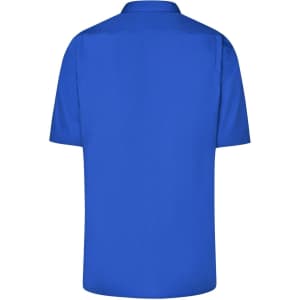A blue short-sleeved men's business shirt with a collared design and a plain back. It features a logo.