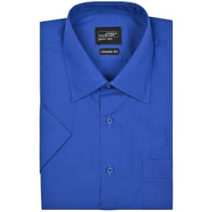 A blue men's button-up business shirt, featuring a classic fit and a single chest pocket. It has a logo on the tag.