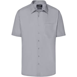 A short-sleeved grey button-up business shirt featuring a chest pocket and a simple logo.