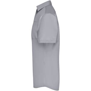 A grey short-sleeve button-up business shirt with a collar and a chest pocket. Features a logo on the side.
