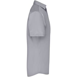 A short-sleeved, button-up men's business shirt in grey, featuring a collar and slim fit design.