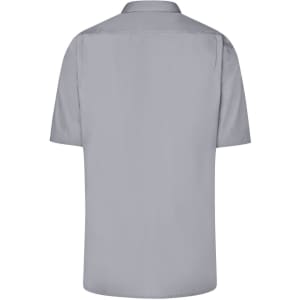 A short-sleeved men's business shirt in light grey, featuring a collar and a logo on the back.