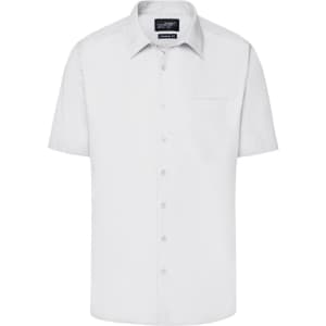 A short-sleeved white button-up shirt with a single chest pocket and a collar. Features a logo on the label.