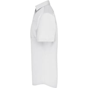 A short-sleeved white men's business shirt with a button-up design and a logo.