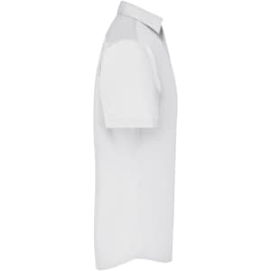 A white short-sleeved business shirt with a button-up collar. Features a logo on the fabric.