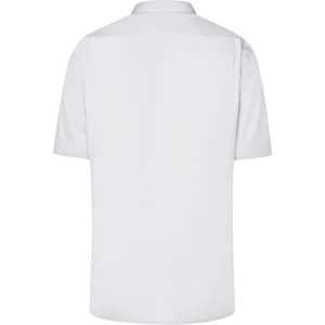 A short-sleeved men's business shirt in white, featuring a clean back design and a collar. It has a logo present.