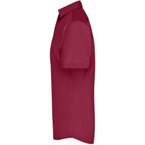 A short-sleeved men's business shirt in a rich maroon colour, featuring a side view with a pocket and a collar.