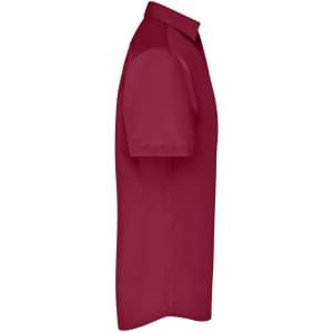 A short-sleeved, maroon button-up business shirt with a collar and a logo present.
