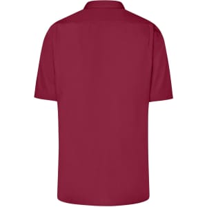 A men's short-sleeve business shirt in deep burgundy with a collar and a branding logo on the back.