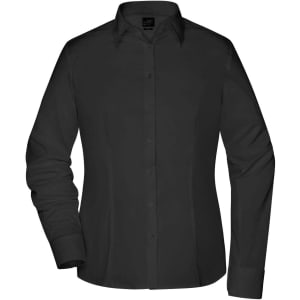 A black button-up ladies' shirt with a collar and long sleeves. The shirt has a simple design and includes a logo.
