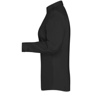 A black button-up shirt featuring long sleeves and a collared neckline, displaying a profile view.
