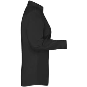 A black button-up shirt shown from the side, featuring long sleeves and a collar. It has a branding logo.