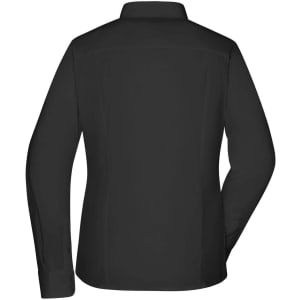 A black ladies button-up shirt displayed from the back, featuring a collar and long sleeves. It includes a logo.
