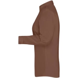 A brown button-up ladies' shirt with long sleeves, featuring a collar and a logo on the fabric.