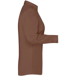 A brown button-up shirt for ladies, featuring a collar and long sleeves, shown from the side.