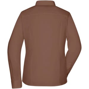 A brown button-up ladies shirt with a collared neck and long sleeves, featuring a logo on the back.