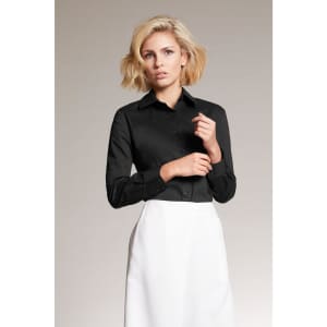 A black ladies button-up shirt with long sleeves, featuring a collar and a logo.