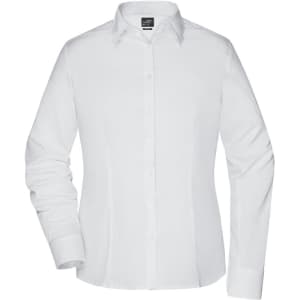 A white ladies button-up shirt with a collar and long sleeves. The shirt features a logo on the front.