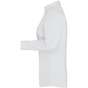A white button-up ladies shirt displayed from the side, featuring long sleeves and a classic collar.