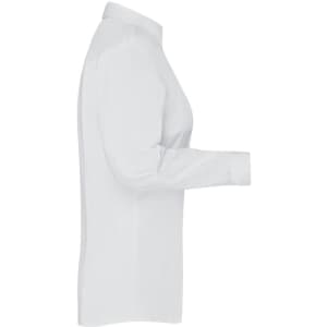 A white button-up ladies shirt with long sleeves displayed from the side. It features a collar and includes branding.