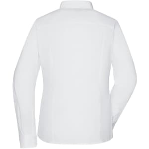 A white button-up ladies' shirt with long sleeves, featuring a back view and a logo.