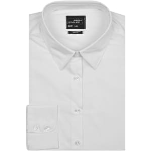 A white button-up ladies' shirt with a collar and long sleeves, featuring a branding label.
