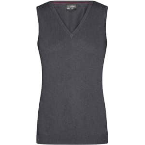 A grey ladies v-neck vest, featuring a fitted design and no sleeves. The item has a logo on the label.