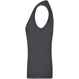 A grey ladies V-neck vest with a fitted design, featuring a wide armhole and soft knitted texture.