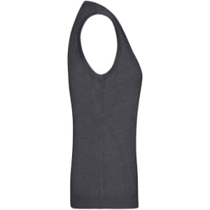 A knitted grey ladies' vest with a V-neck design, featuring a logo on the side.