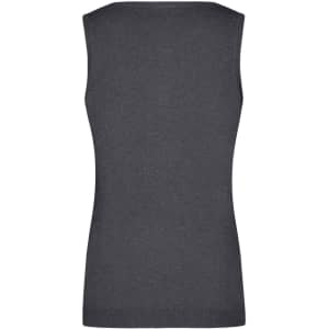 A ladies' v-neck vest in dark grey, featuring a fitted knitted design and a branded tag.